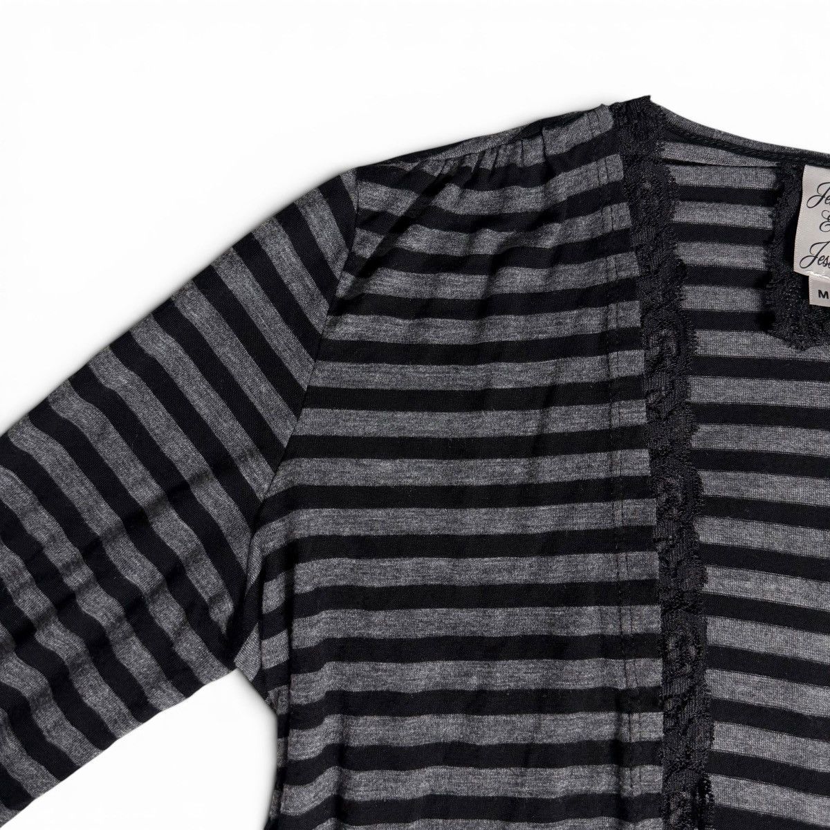 Other Mall Goth Black & Gray Striped Open Front Lace Trim Cardigan Size M / US 6-8 / IT 42-44 - 3 Thumbnail
