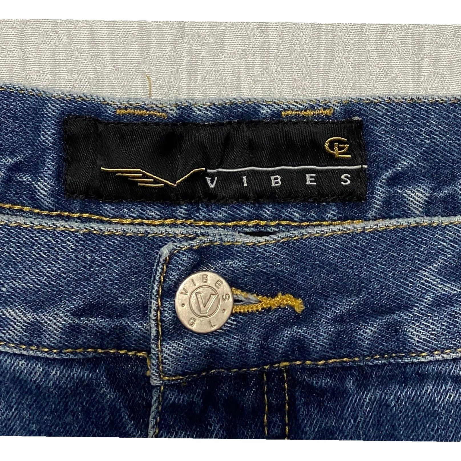 VIBE VIBES Vibes GL Gold Label Baggy Y2K Jeans Men 42x32 Blue Geometric Stitching Denim Cotton 90s Hip Hop Straight 5-Pocket Baggy Button Mens Size US 42 / EU 58 - 5 Thumbnail
