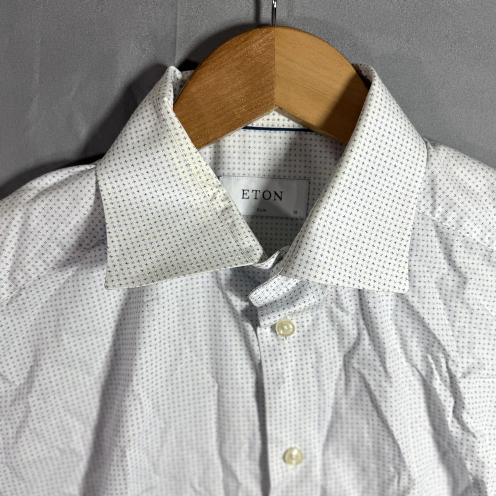 Eton VINTAGE Eton Shirt Geometric Print Dress Sleeve Long Sleeve Mens 16 41 White Blue Slim Fit Barrel Cuff Spread Collar Mens Size 42R - 2 Thumbnail