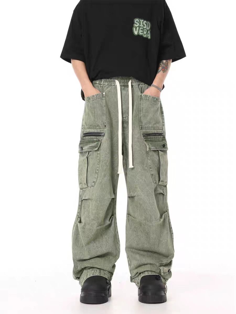 Retro washed distressed workwear large pocket jeans