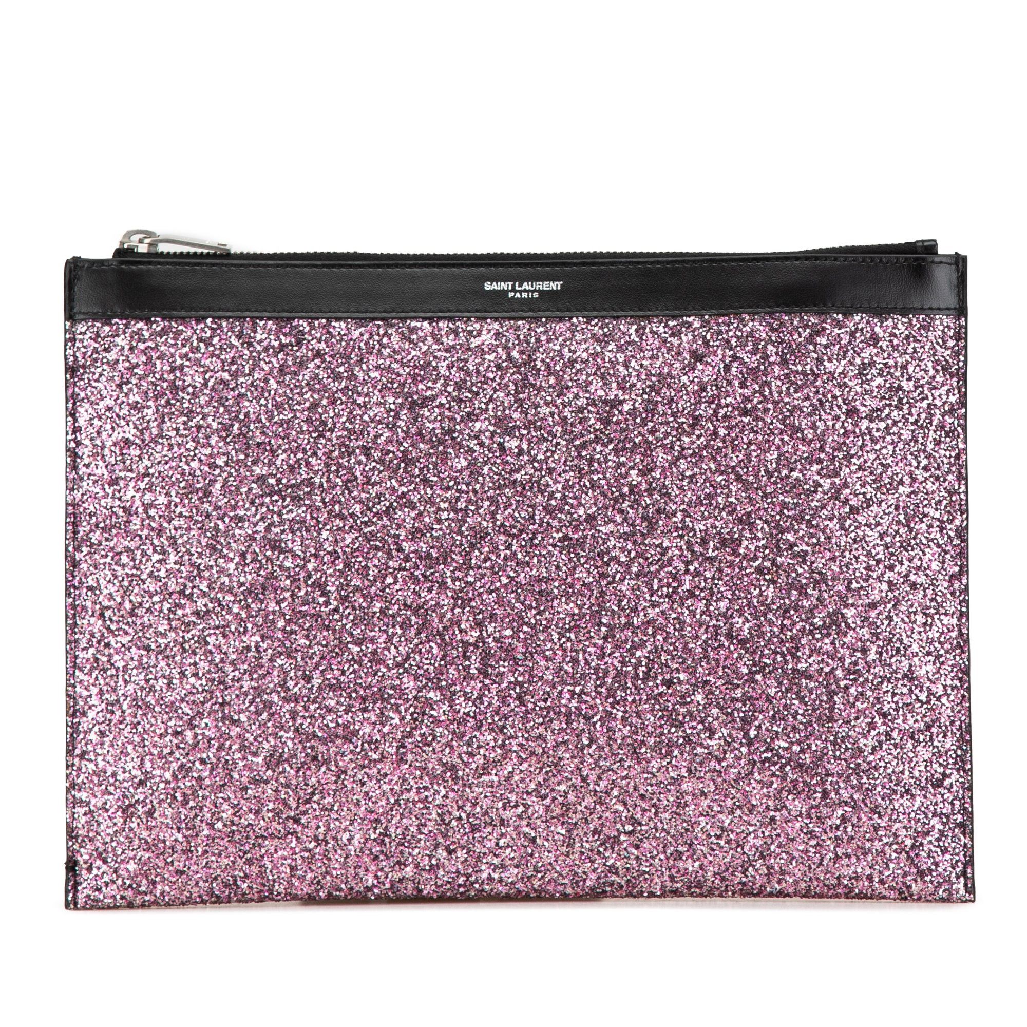 Saint Laurent Glittered Leather Zipped Tablet Pouch Pink