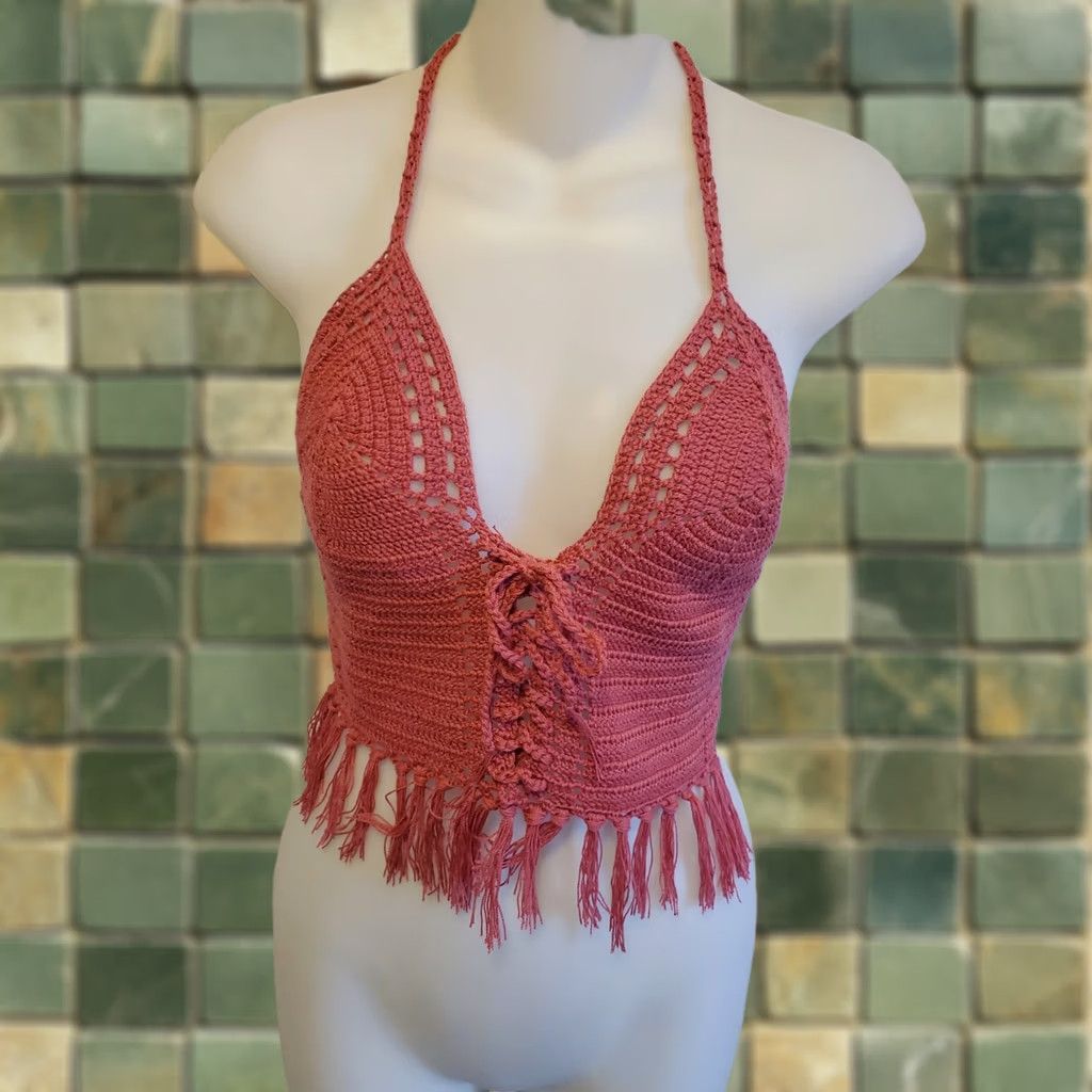 Pinko VINTAGE Pink Knit Crochet Halter Top Sz M Summer Festival Fairycore Whimsy Womens Size M / US 6-8 / IT 42-44 - 1 Thumbnail