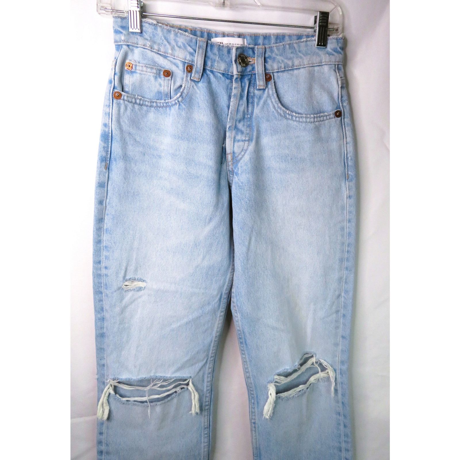 Zara New ZARA Blue Denim Mid-Rise Straight Leg Distressed Jeans Size 26" / US 2 / IT 38 - 2 Thumbnail