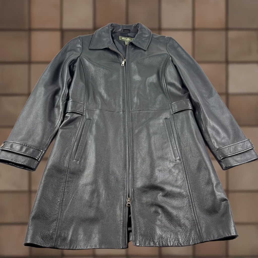 Eddie Bauer VINTAGE Eddie Bauer Leather Coat Womens Black Medium Petite Full Zip Trench Jacket Size M / US 6-8 / IT 42-44 - 1 Thumbnail