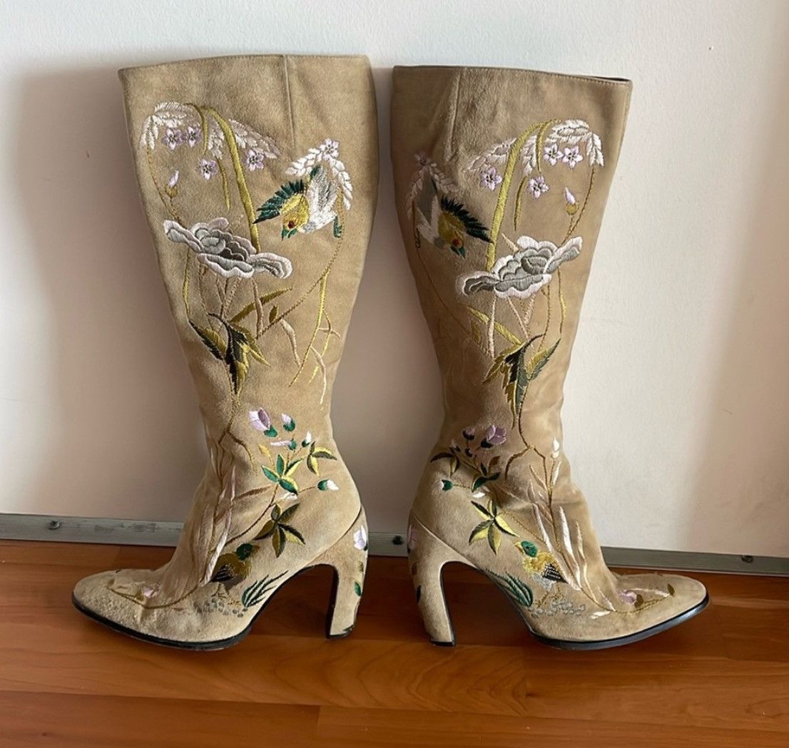 Fendi Vintage Y2K FENDI Tan Suede Floral Embroidered Knee High Boots Grailed