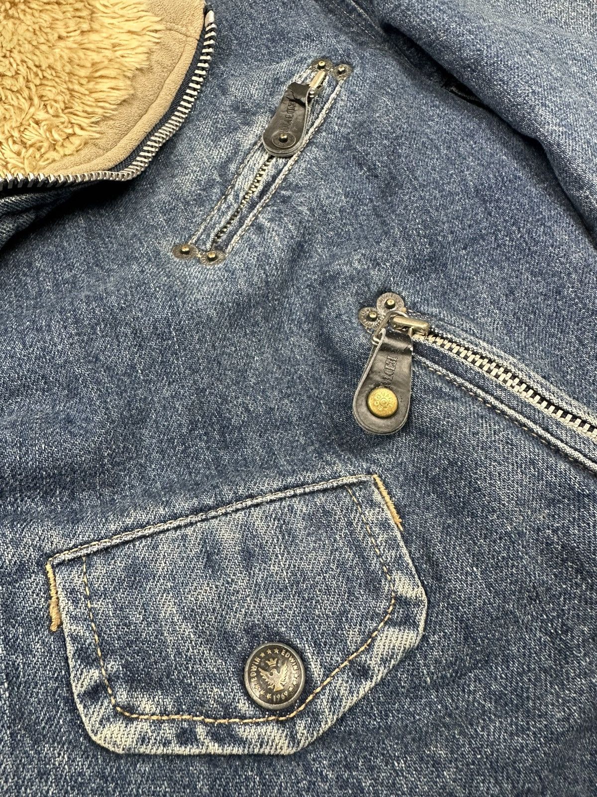 Edwin Vintage Edwin Rider Denim Jacket Beige Faux Fur Collar Size US M / EU 48-50 / 2 - 9 Thumbnail