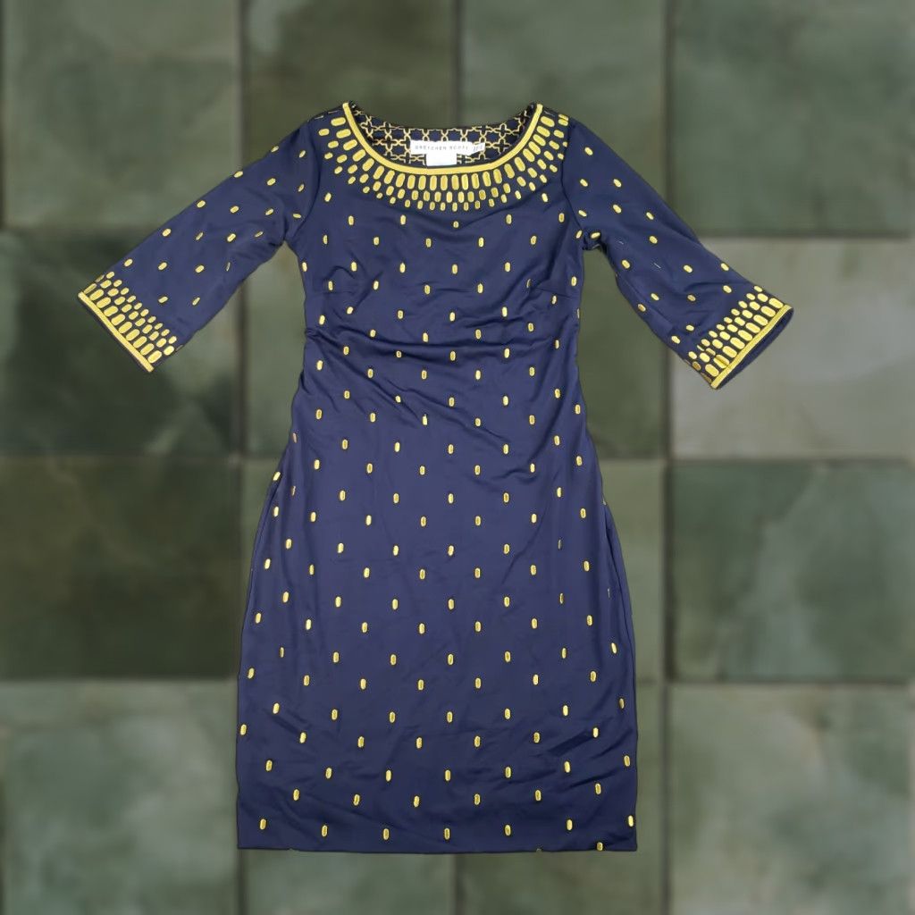 Vintage Gretchen Scott Rocket Girl Sheath Dress Womens M Blue Polka Dot Embroidered 3/4 Sleeve Knee Length Round Neck Pullover Size M / US 6-8 / IT 42-44 - 1 Thumbnail