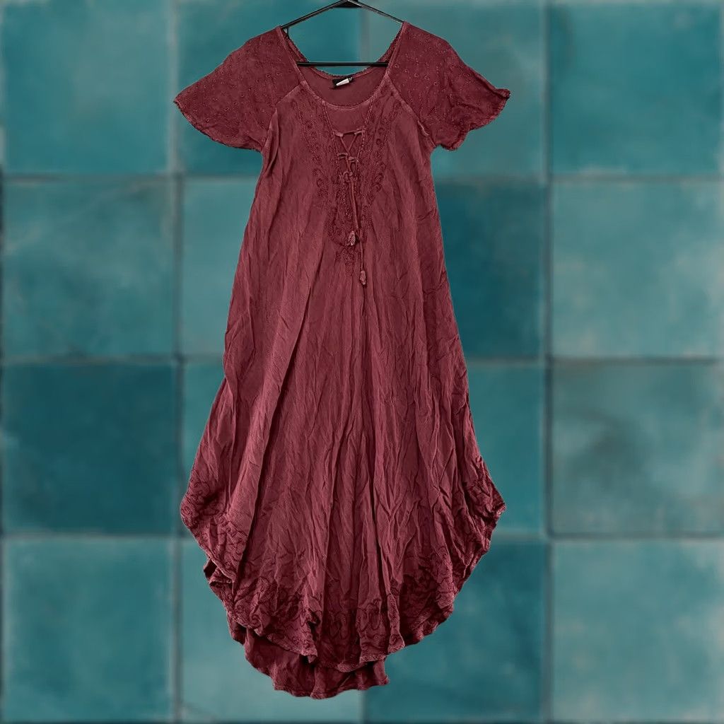 Pinko Sakkas Maxi Dress Womens Hi-Low Embroidered Boho Pink Red Flutter Sleeve Scoop Neck Adult One Size Casual Beach Size ONE SIZE - 1 Thumbnail