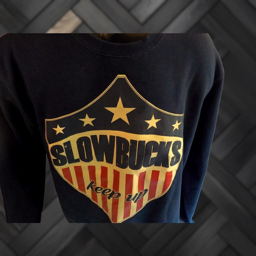 Vintage SLOWBUCKS Crewneck Sweatshirt "Keep Up" and Antique Flag Patterned Front Blue XL Mens Sweatshirt Size US XL / EU 56 / 4 - 1 Thumbnail