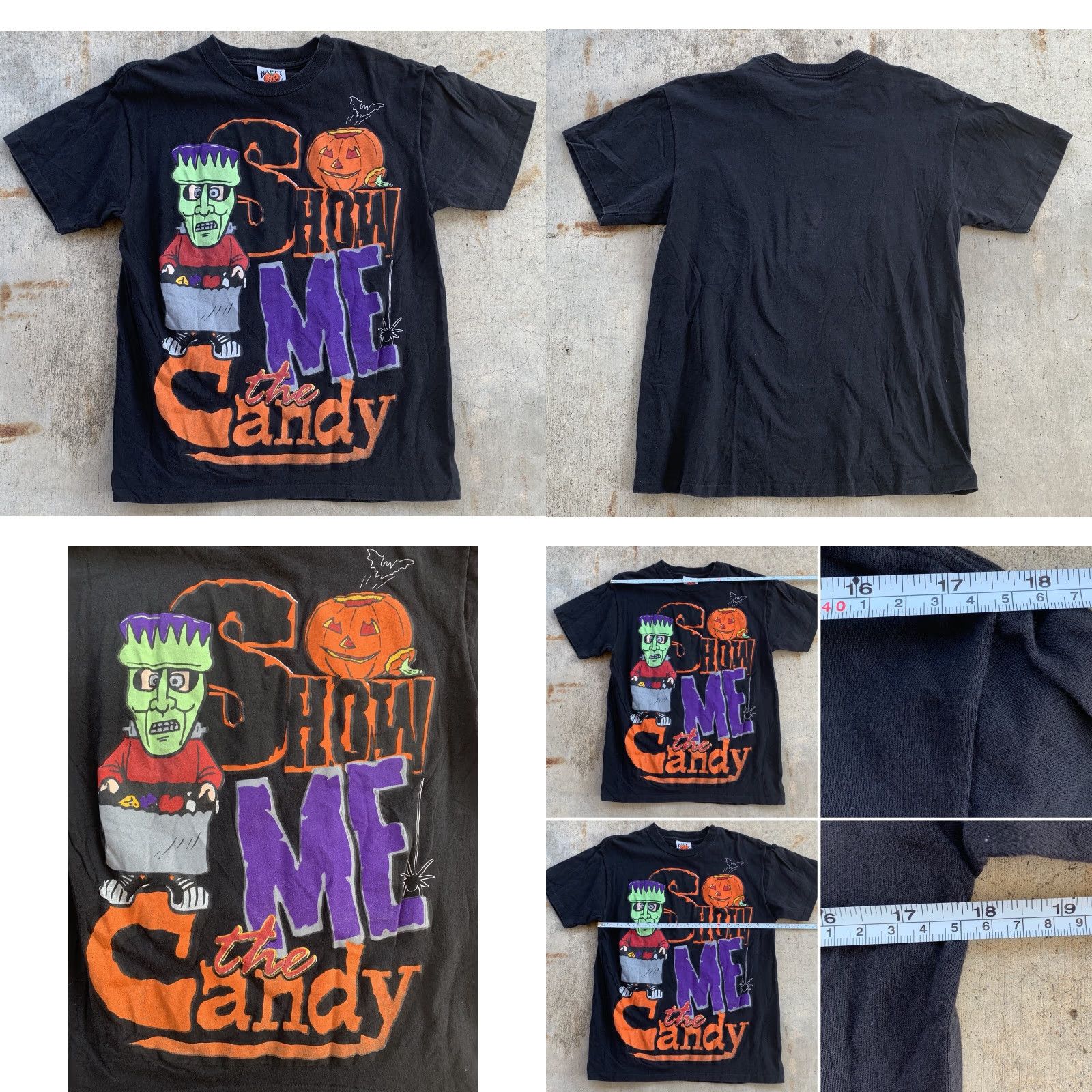 Vintage VINTAGE Happy Halloween Frankenstein T-Shirt Shirt M Black Graphic Print Mens Halloween 90s (Show Me The Candy) Size US M / EU 48-50 / 2 - 8 Thumbnail