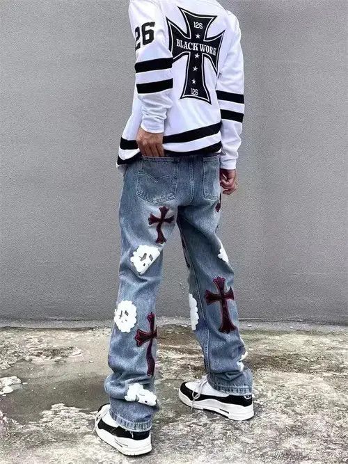 Japanese Brand × Jean High street heavy embroidered ripped straight jeans Size US 32 / EU 48 - 3 Thumbnail