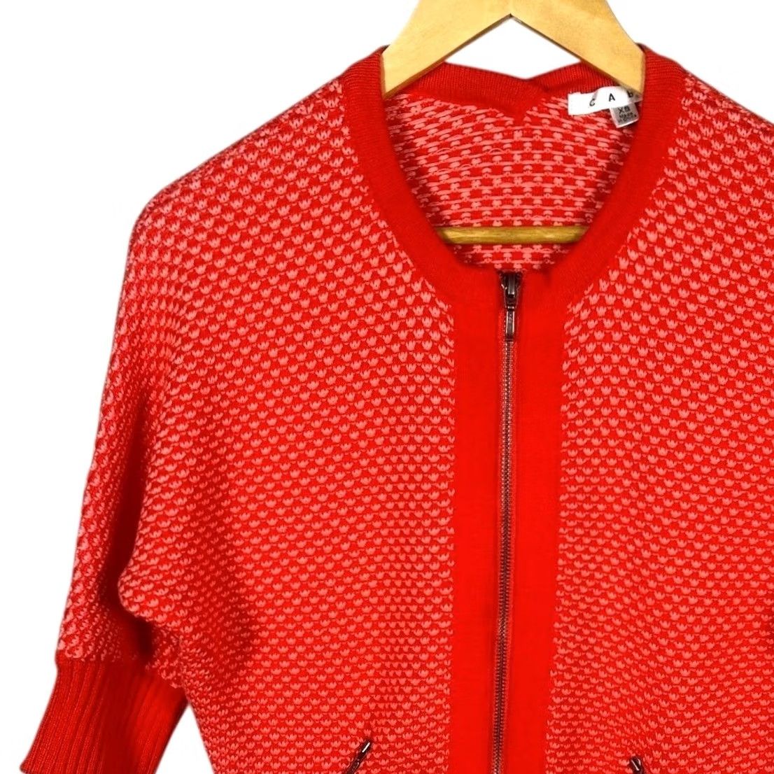 Vintage Cabi Red Geometric Knit Bomber Jacket Pockets Dolman Sleeve XS Womens Size XS / US 0-2 / IT 36-38 - 2 Thumbnail