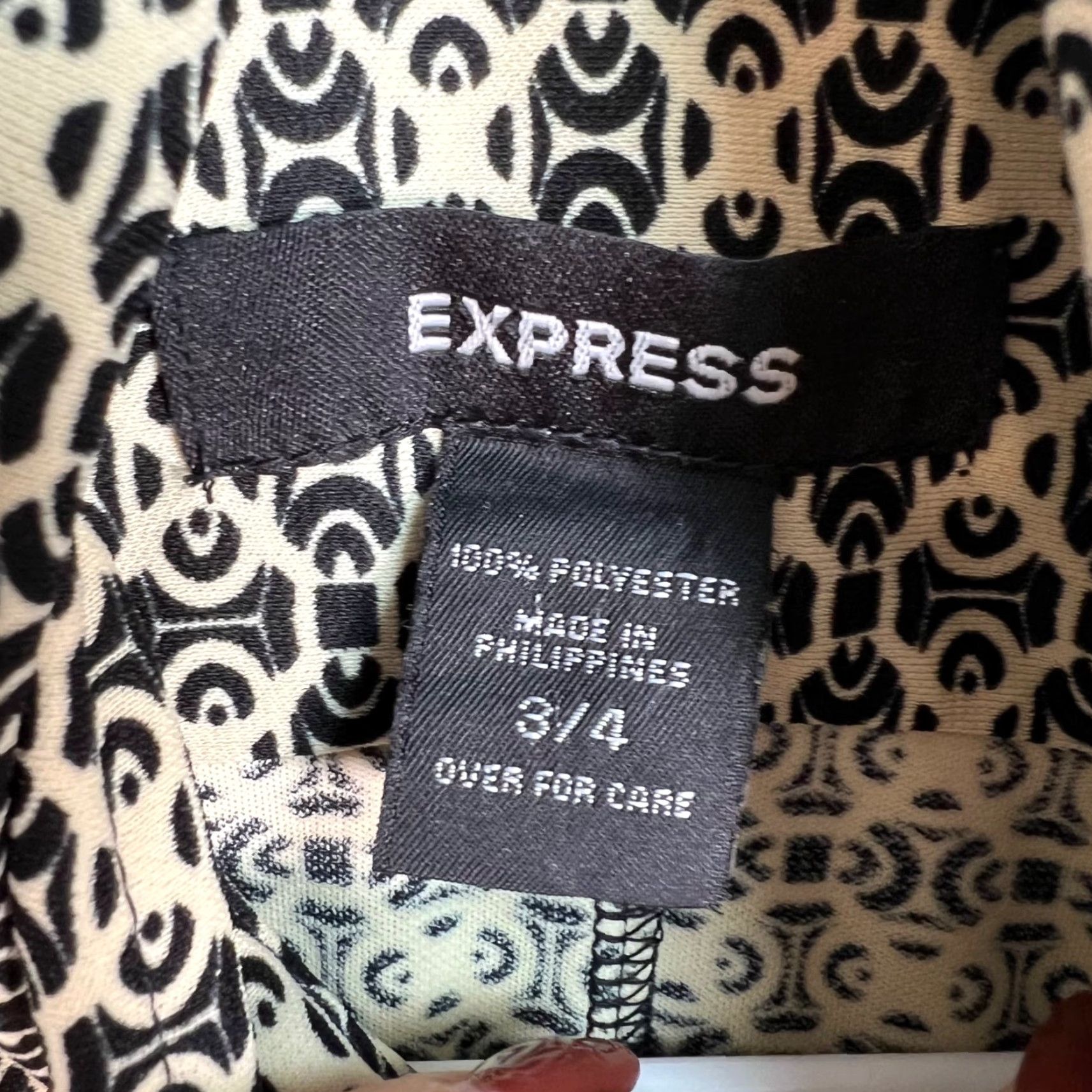 Express Express Womens Shirt Dress 3/4 Sleeve Black Cream Geometric Button-Down Knee Length A-Line Vintage 3/4 Size Size XS / US 0-2 / IT 36-38 - 3 Thumbnail