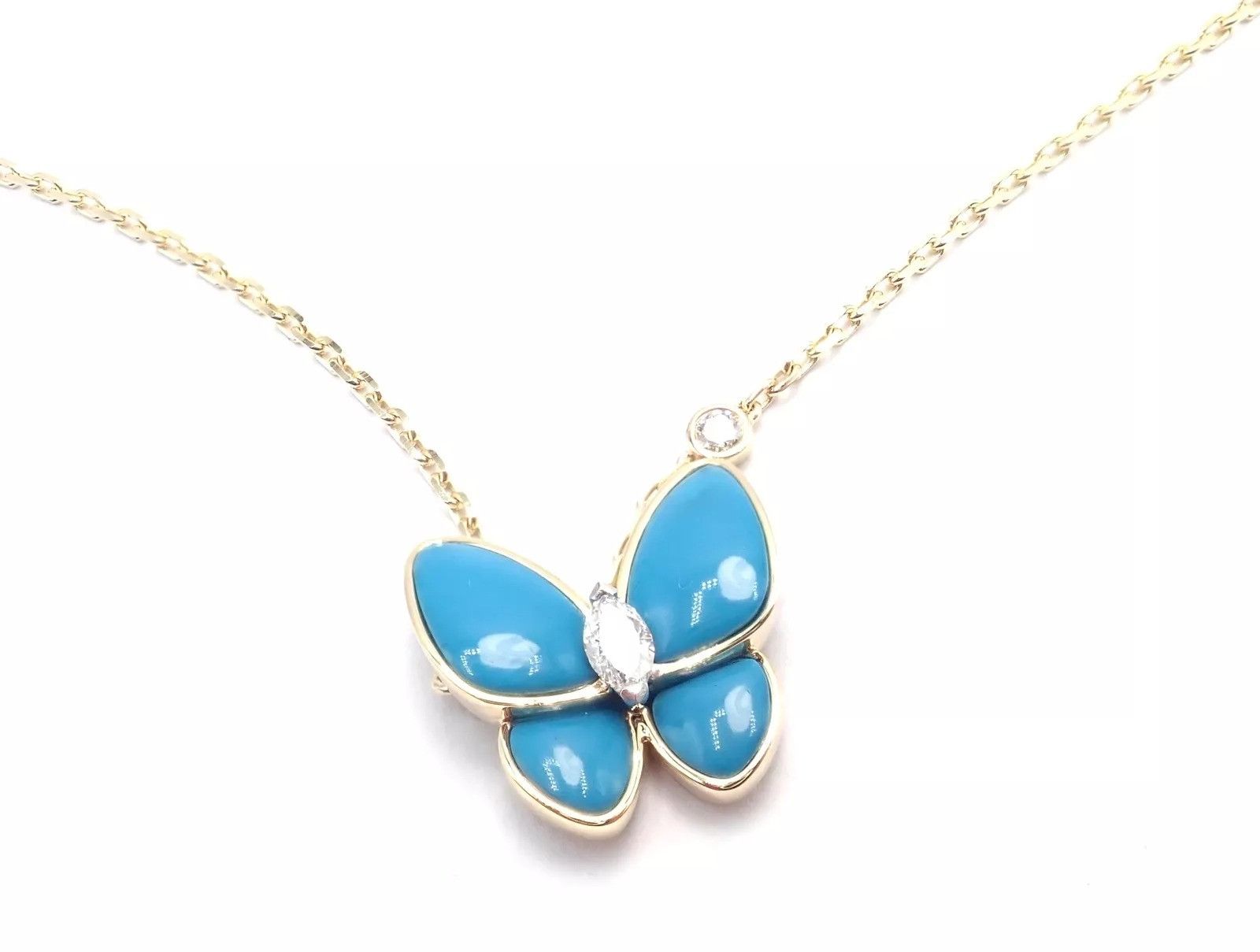 Van Cleef & Arpels 18k Gold Diamond Turquoise Butterfly Pendant Necklace Cert Size ONE SIZE - 3 Thumbnail