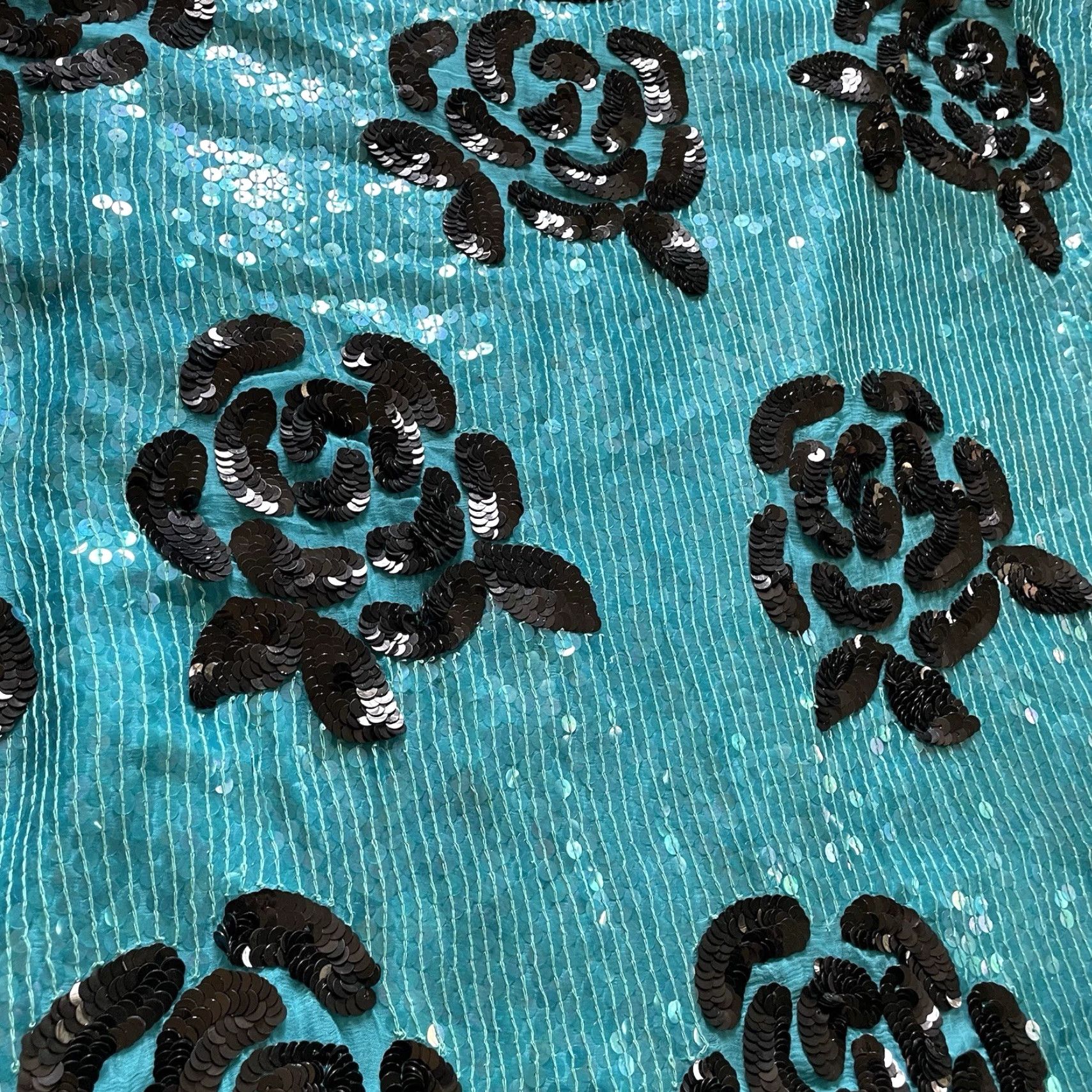 Joseph VINTAGE Joseph Le Bon Top Blouse Silk Sequin Turquoise Black Roses 80s 90s Party/Cocktail Women L Blue/Blue Mens Women Size L / US 10 / IT 46 - 2 Thumbnail