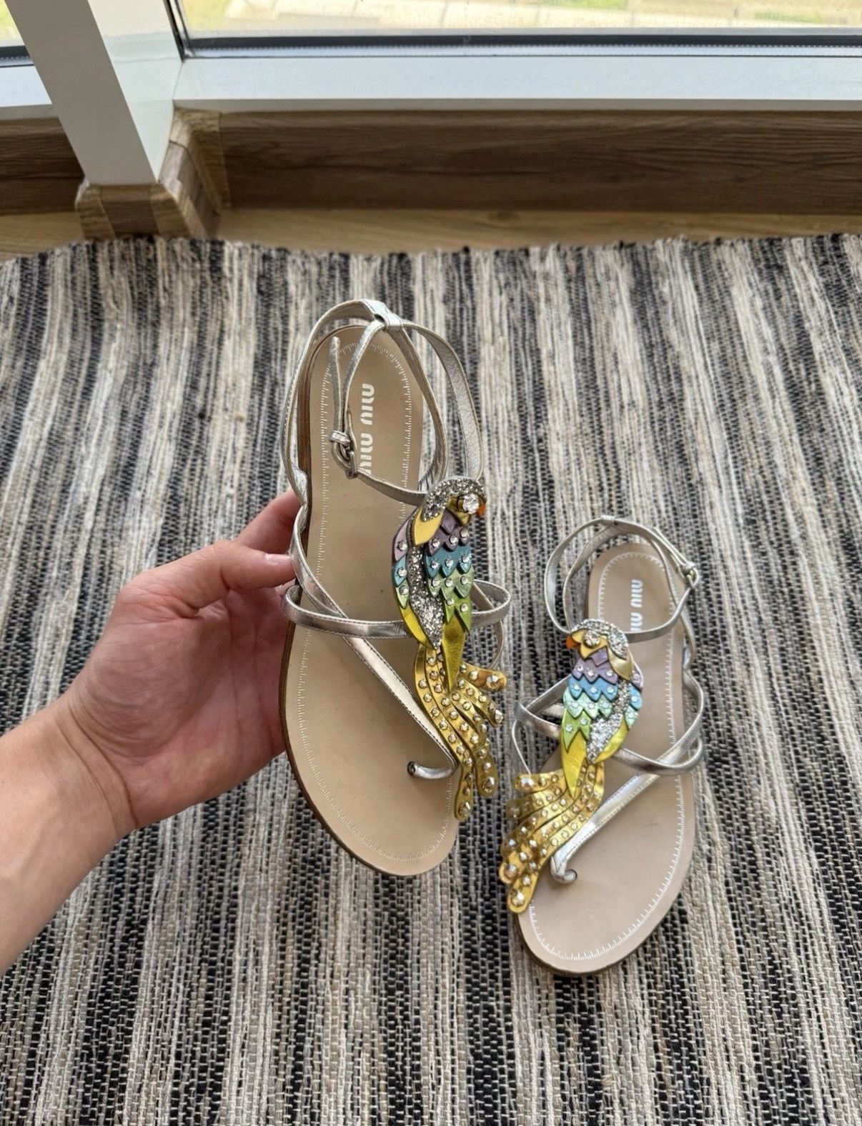 Miu Miu Miu Miu Leather Crystal Sandals Crystal Embellished Parrot Size US 7 / IT 37 - 4 Thumbnail