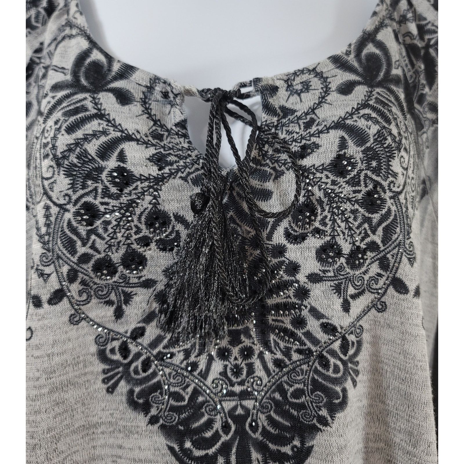 Other World Unity Woman Black Floral Rhinestone Tassel Tie Top 0X Size XS / US 0-2 / IT 36-38 - 5 Thumbnail
