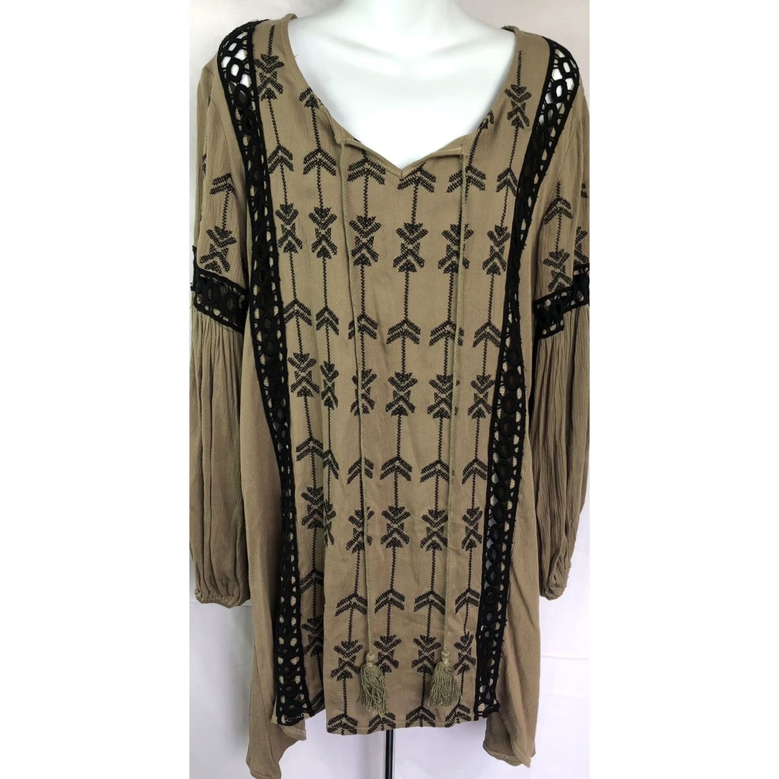 Vintage VELZERA Mini Dress S Brown Geo Tie ScoopNeck Hippie Boho Peasant Beach Cover Up Size S / US 4 / IT 40 - 5 Thumbnail