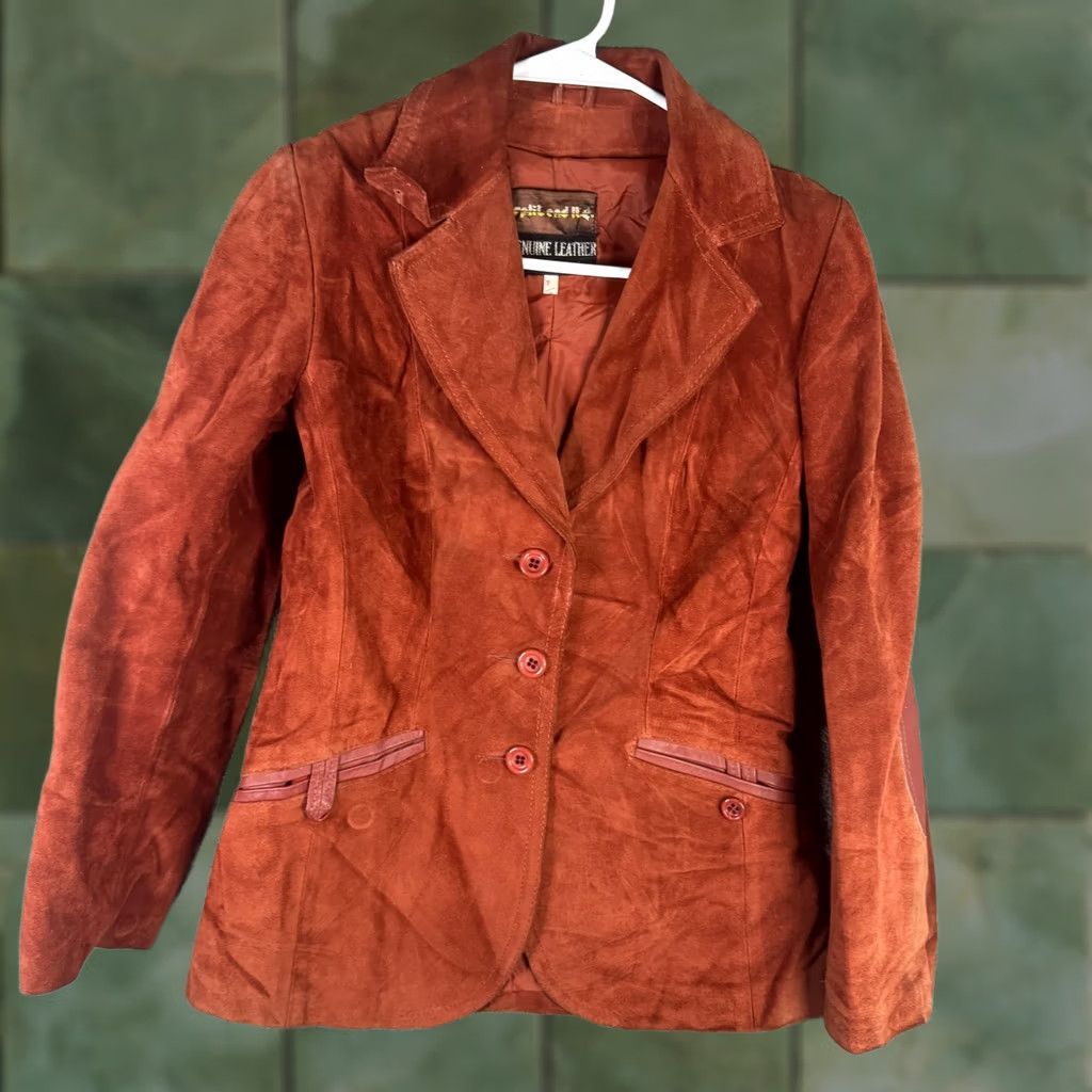 Vintage Split End Ltd Blazer Womens 7/8 Orange Suede Leather Elbow Patch Single Breasted Jacket & Coat Size M / US 6-8 / IT 42-44 - 1 Thumbnail