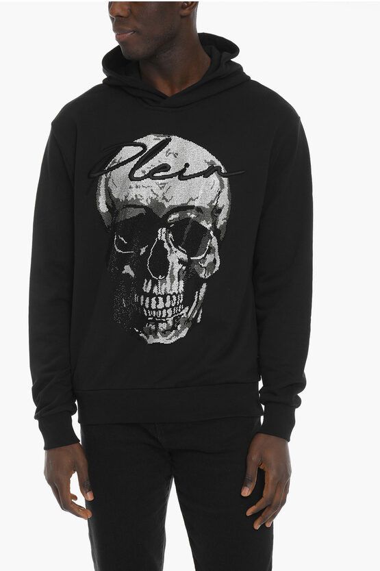 image of Philipp Plein Hoodie Sweatshirt With Crystal Skull in Nero/Bianco E Nero, Men's (Size 2XL)