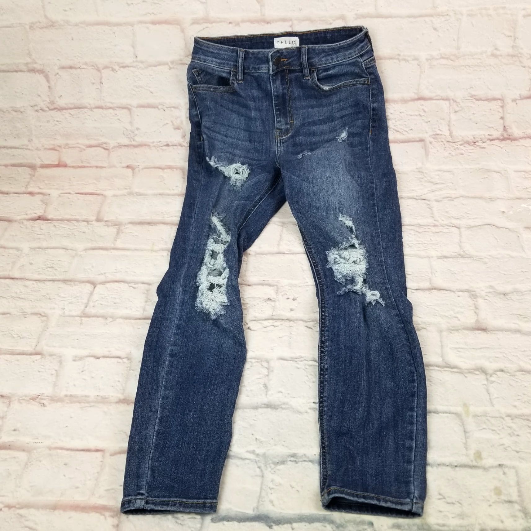 Vintage Cello Jeans Jeggings Medium Wash High Rise Distressed Womens Teens Junior Size 5 5-Pocket Denim Cotton Blend Belt Loops Regular Model Cello Size 27" / US 4 / IT 40 - 2 Thumbnail