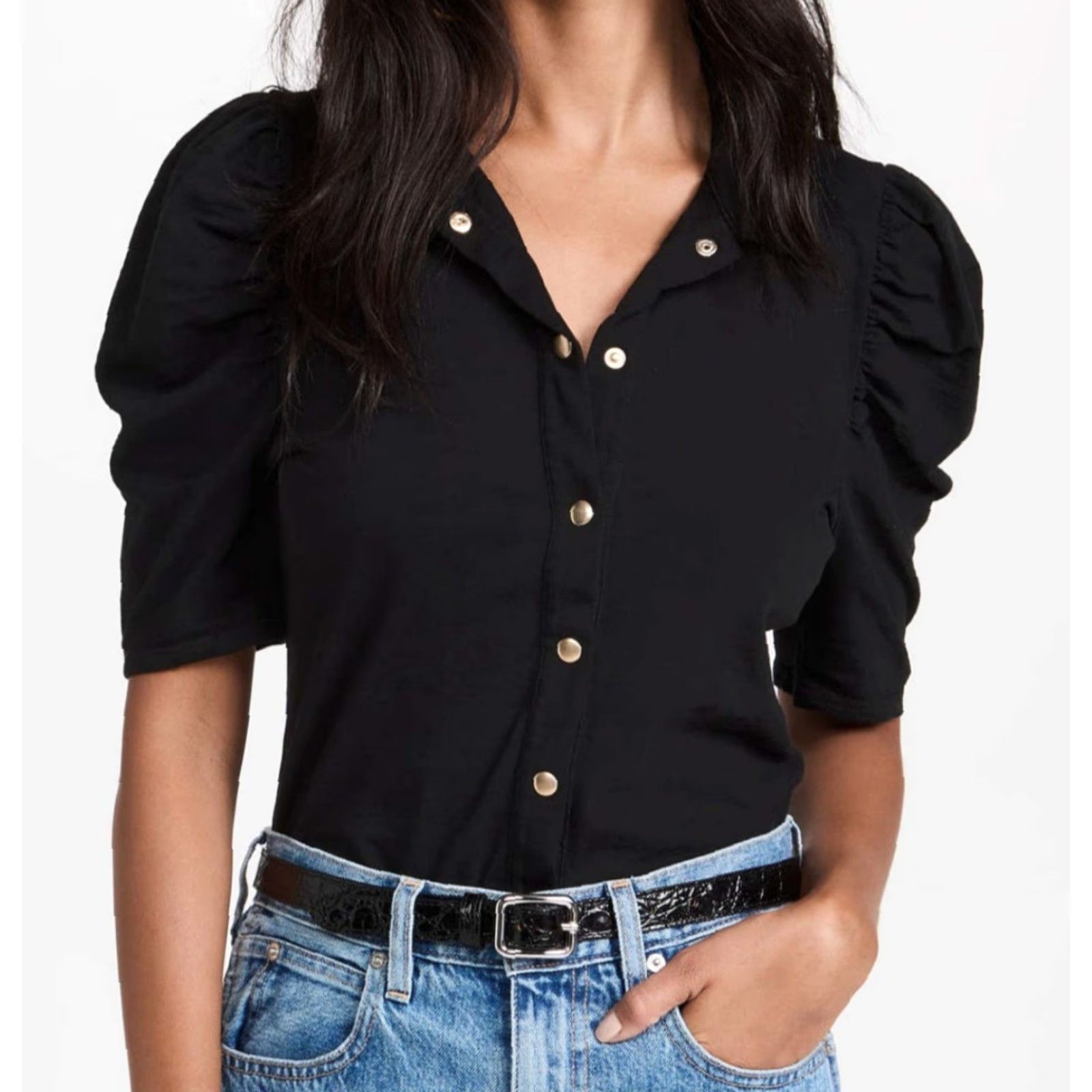 Nation LTD Nation Ltd Los Angeles Ennis Workshirt Blouse S Black Puff Sleeve Snap Front Women’s Size S / US 4 / IT 40 - 2 Thumbnail