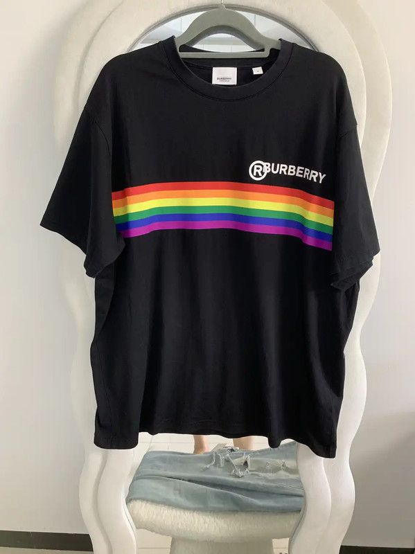 Burberry Burberry Men's Black Cotton T-Shirt with Rainbow Stripes Size US M / EU 48-50 / 2 - 1 Thumbnail