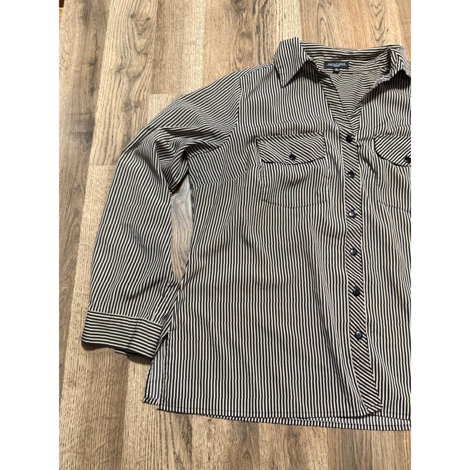 Vintage Notations Shirt, Women's Plus 1X Brown Black Striped Long Sleeve Button Up Shirt Size XL / US 12-14 / IT 48-50 - 3 Thumbnail