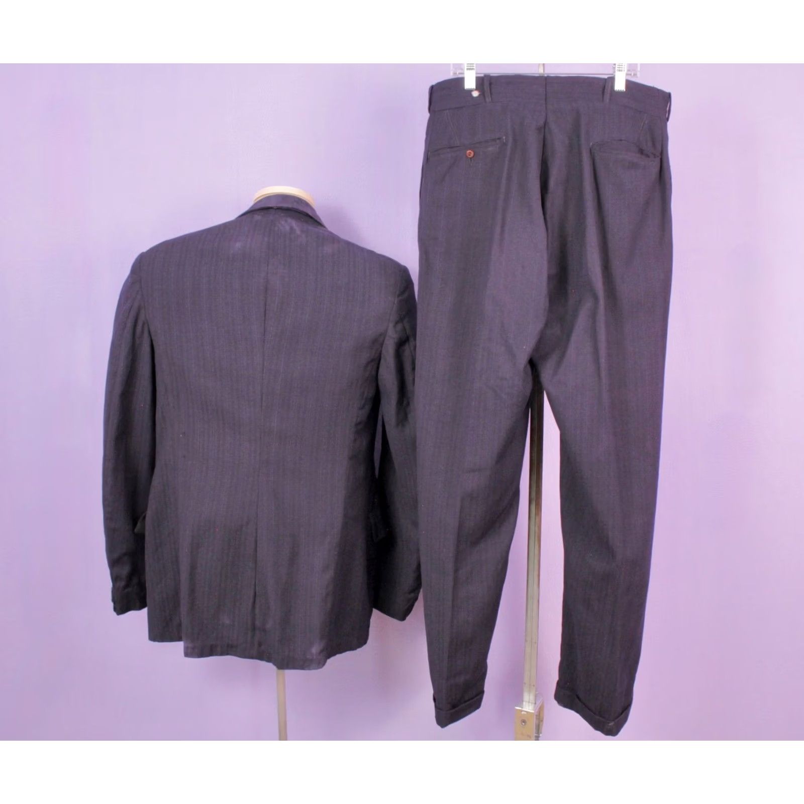 Vintage VINTAGE Men's VTG 20s AS IS Navy Wool 2 PC Suit Sz S-M 1920s Button Fly Pants Shirt Jacket Wool Navy Blue 1920s Mens Women Girls Boys Size 36R - 2 Thumbnail