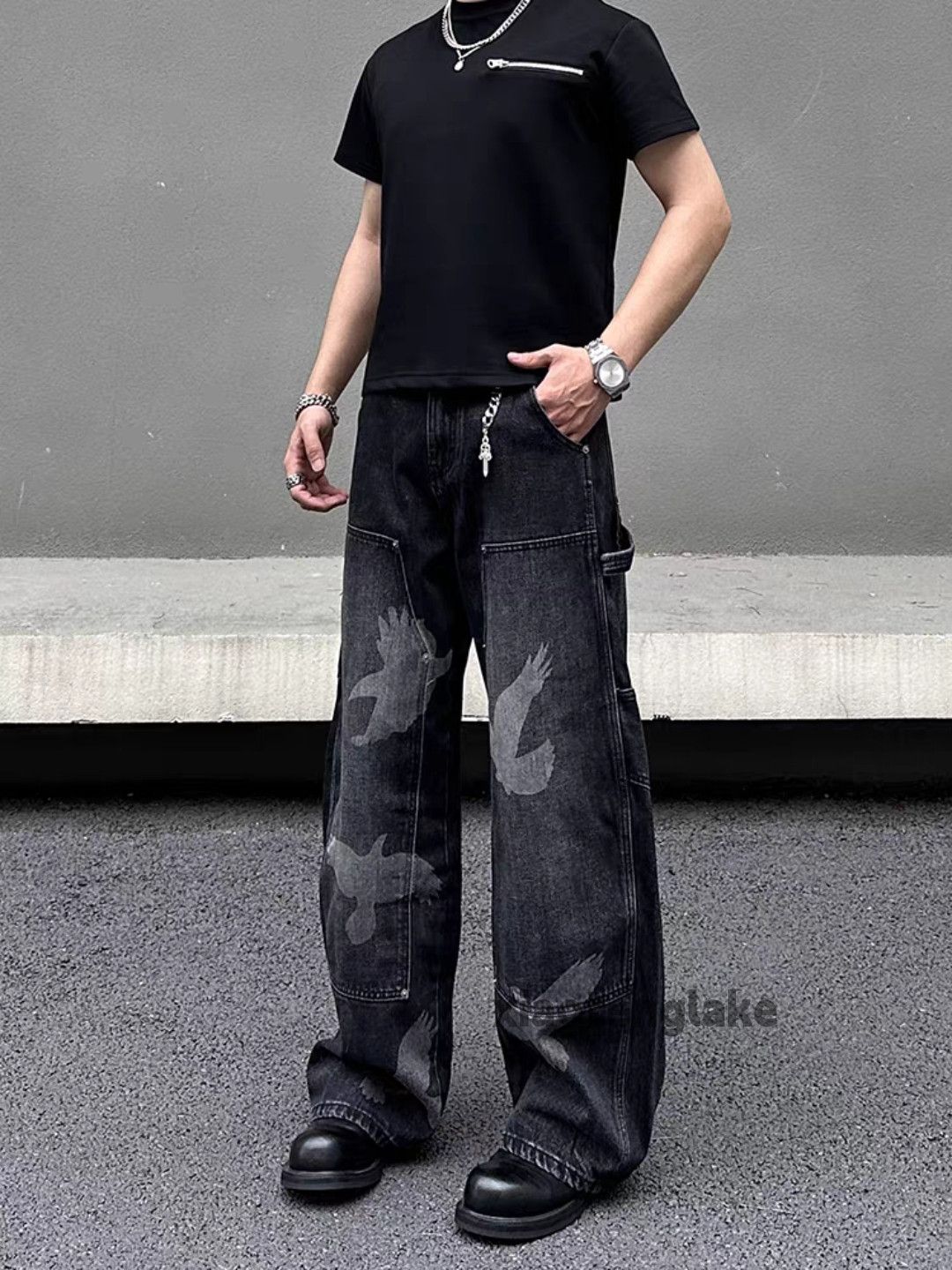Jean Unisex washed faded carpenter pattern punk pants Size US 32 / EU 48 - 6 Thumbnail