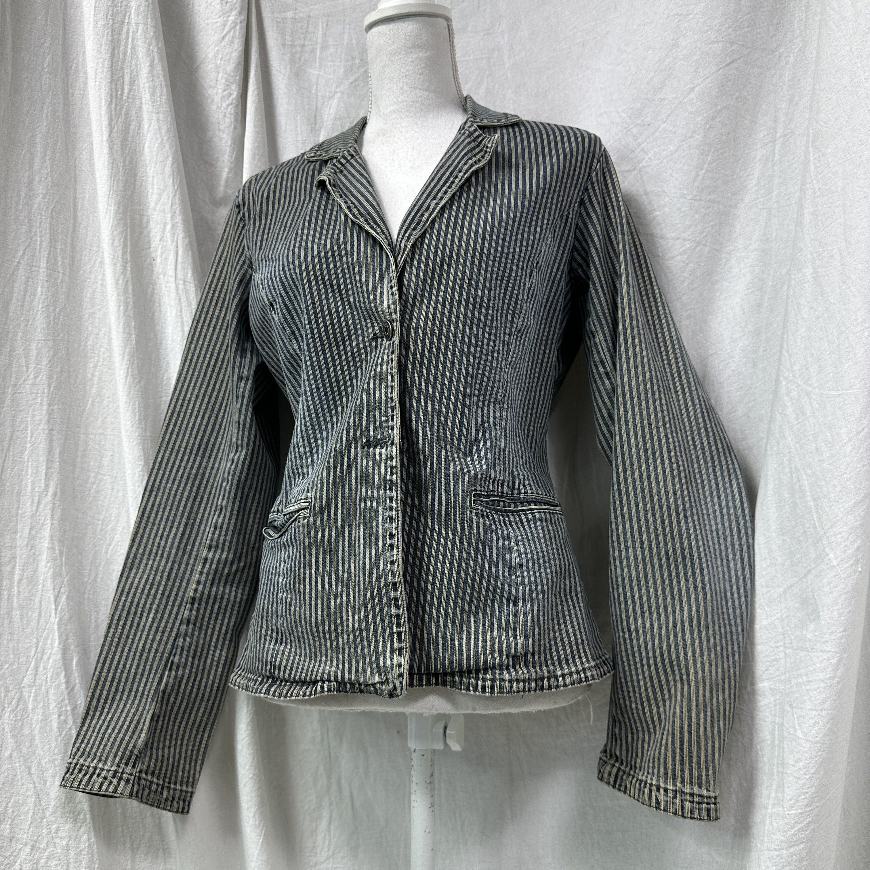 Vintage Vintage Striped Denim Washed Jeans Jacket / Blazer 00s Size L / US 10 / IT 46 - 6 Thumbnail