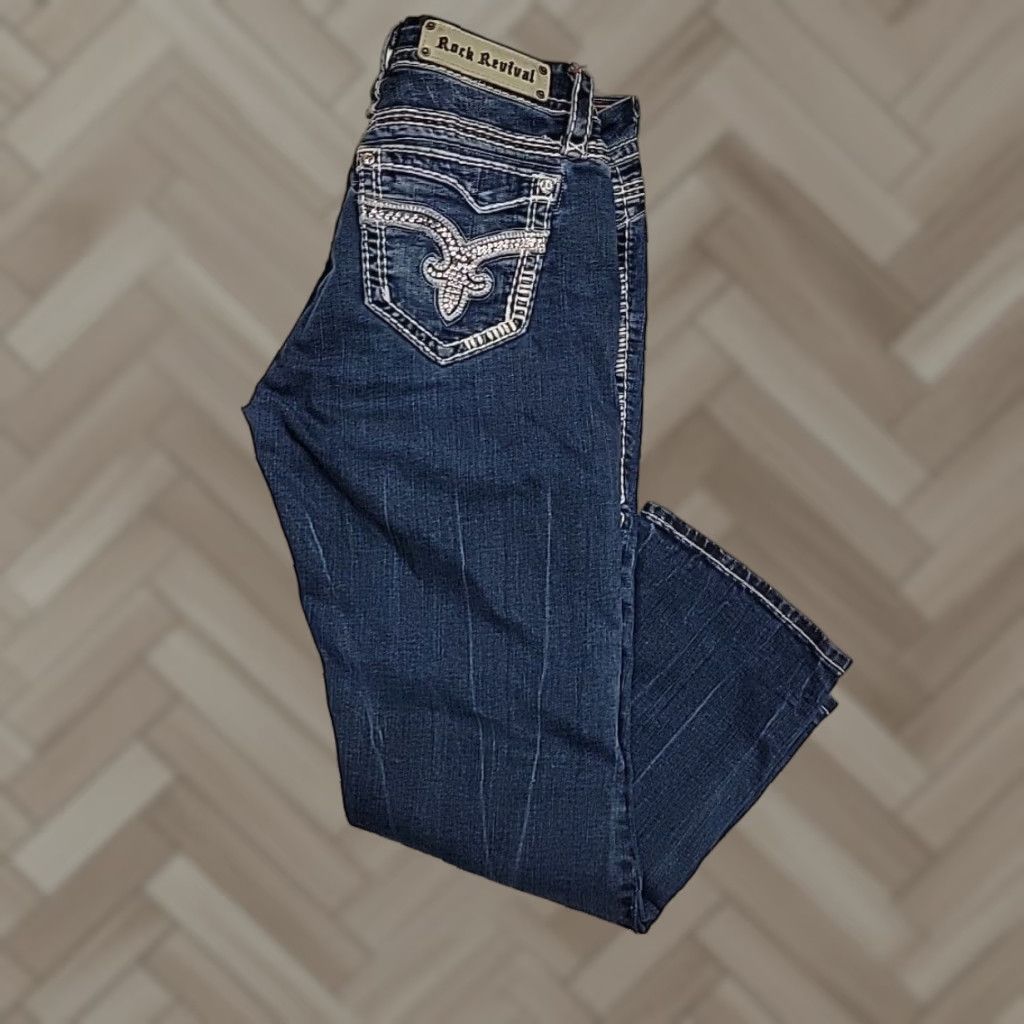 VINTAGE Rock Revival Vivian Blue Embroidered Fleur De Lis Denim