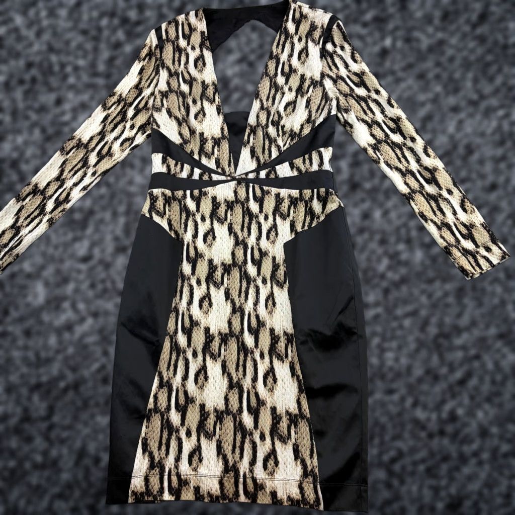 Just Cavalli Just Cavalli Dress Womens 46 Beige Animal Print Cutout Bodycon Long Sleeve Knee Length Zipper Backless Ladies Venntage? Size L / US 10 / IT 46 - 1 Thumbnail