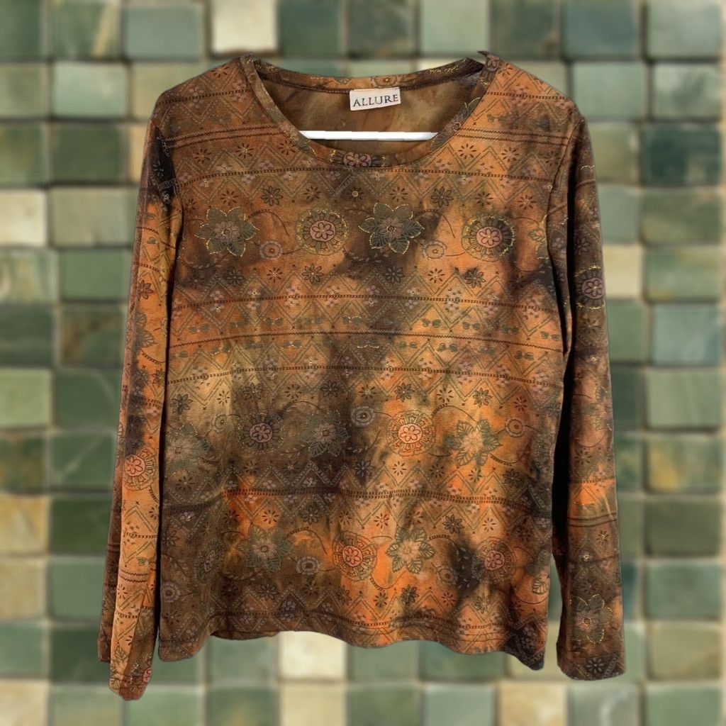Vintage Y2K 90s Allure Stretchy Tie Dye Floral Long Sleeve Tee Shirt L Womens Brown T-Shirt Size L / US 10 / IT 46 - 1 Thumbnail