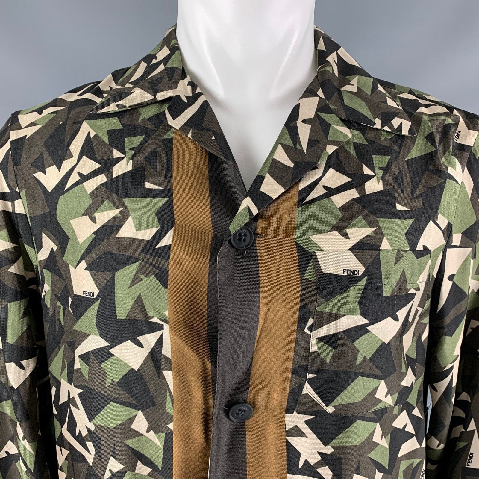 Fendi M Green Brown Abstract Silk Button Up Long Sleeve Shirt Size US M / EU 48-50 / 2 - 2 Thumbnail