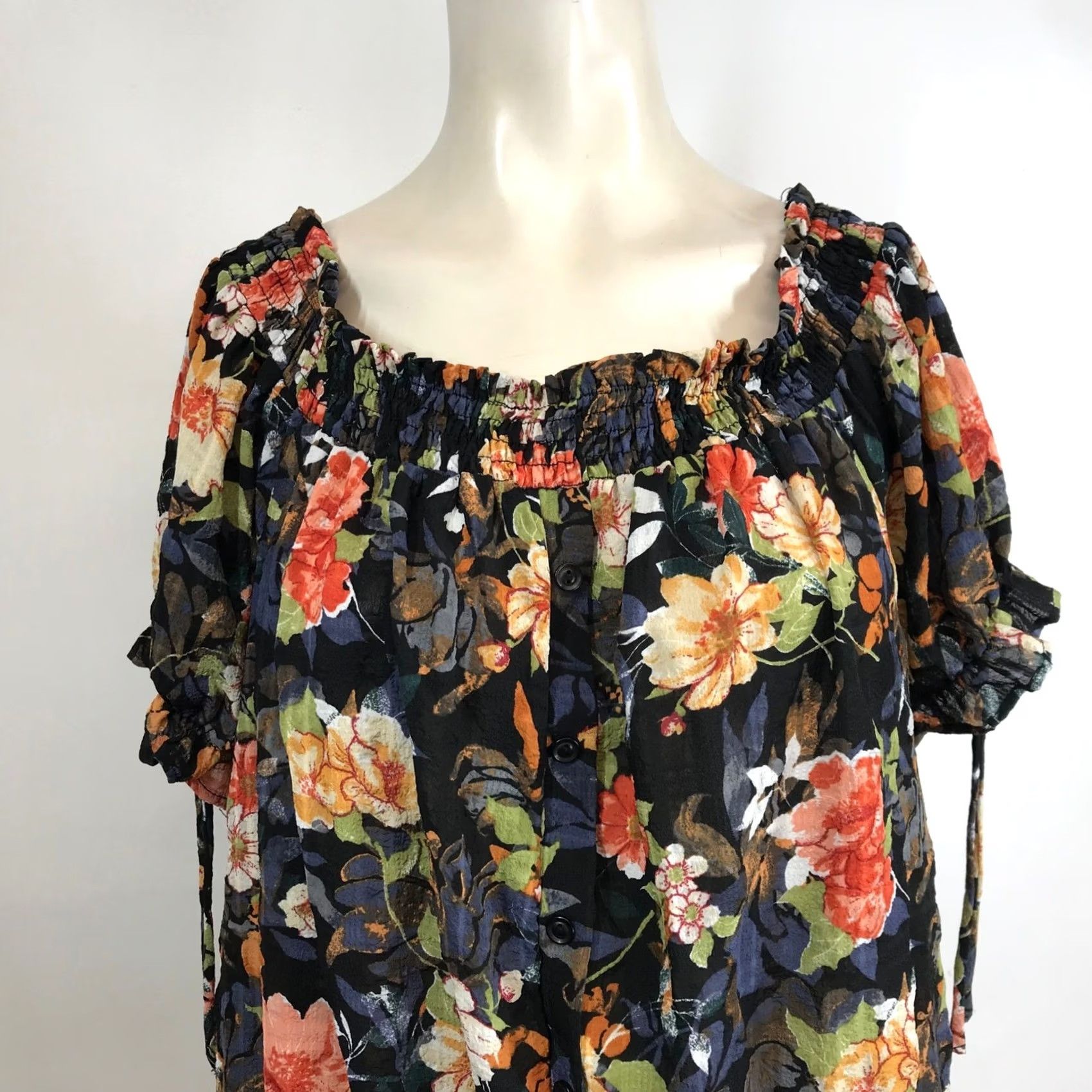 Rains Sweet Rain Black Floral Square Neck Smocked Off Shoulder Top Women's 2X Size XXL / US 16-18 / IT 52-54 - 2 Thumbnail
