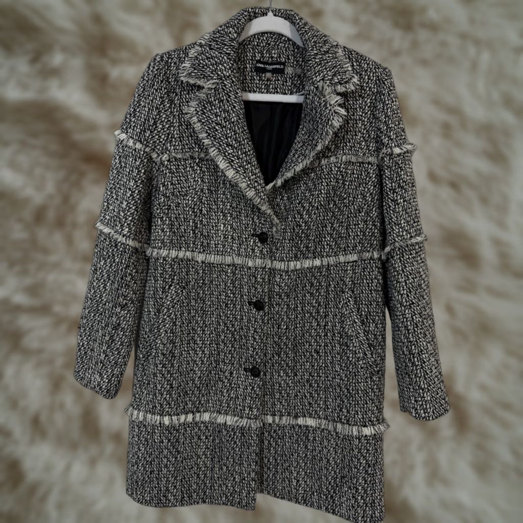 Karl Lagerfeld Karl Lagerfeld Women Tweed Gray Jacket Size S Button Up Fringe Long Coat Size S / US 4 / IT 40 - 1 Thumbnail