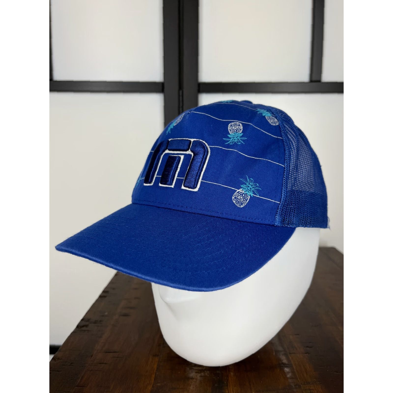 TravisMathew Travis Mathew Hat Cap Snap Back Adult One Size Blue Floral Pineapple All Over Print Golf Hat Mens Size ONE SIZE - 4 Thumbnail