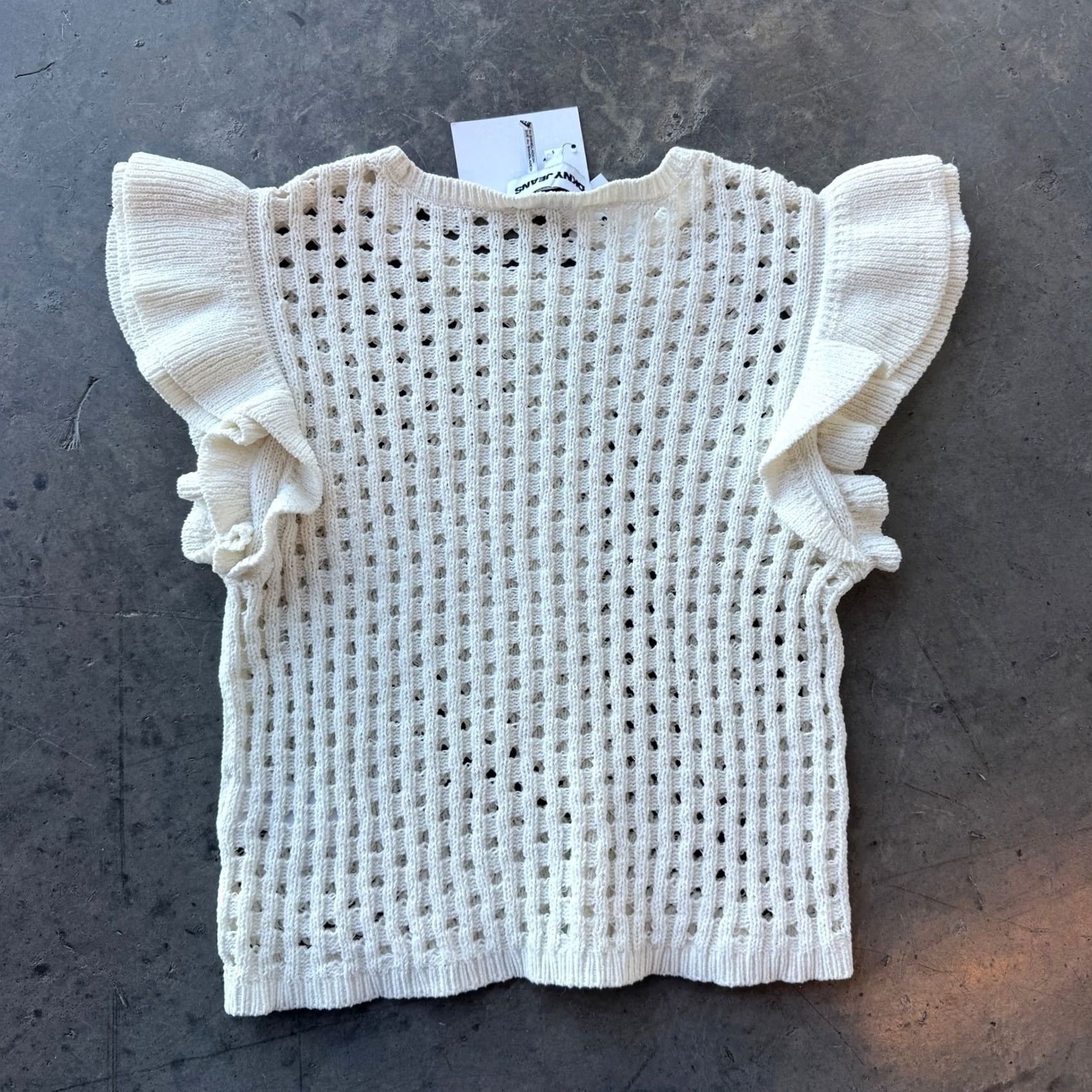 DKNY DKNY Jeans Ruffle Trim Beige Knit Sweater Chenille Pointelle Women's Small NWT Crew Neck Open-Knit Flutter Sleeve Casual Pullover All Seasons Size S / US 4 / IT 40 - 2 Thumbnail