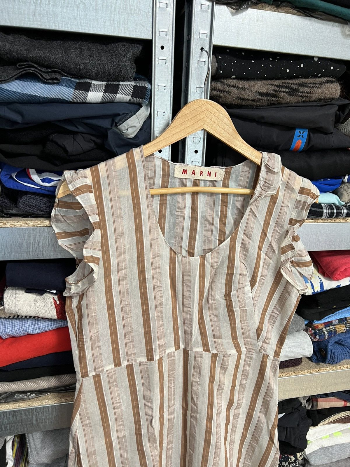 Marni Marni Brown Beige Striped Viscosa Dress Ruffle Hem Sz IT 42 Size M / US 6-8 / IT 42-44 - 3 Thumbnail