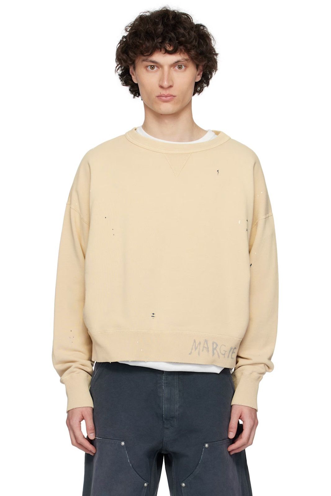 Maison Margiela NEW M Beige Graffiti Paint Logo Sweatshirt Crewneck Size US M / EU 48-50 / 2 - 1 Thumbnail