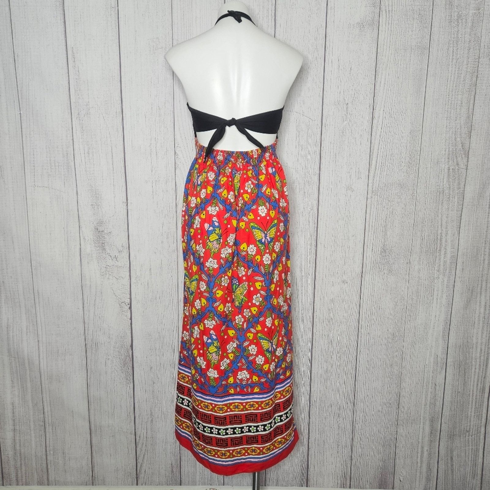 Vintage VTG Butterfly Flower Maxi Dress w Halter Open Back, sz S Size S / US 4 / IT 40 - 6 Thumbnail