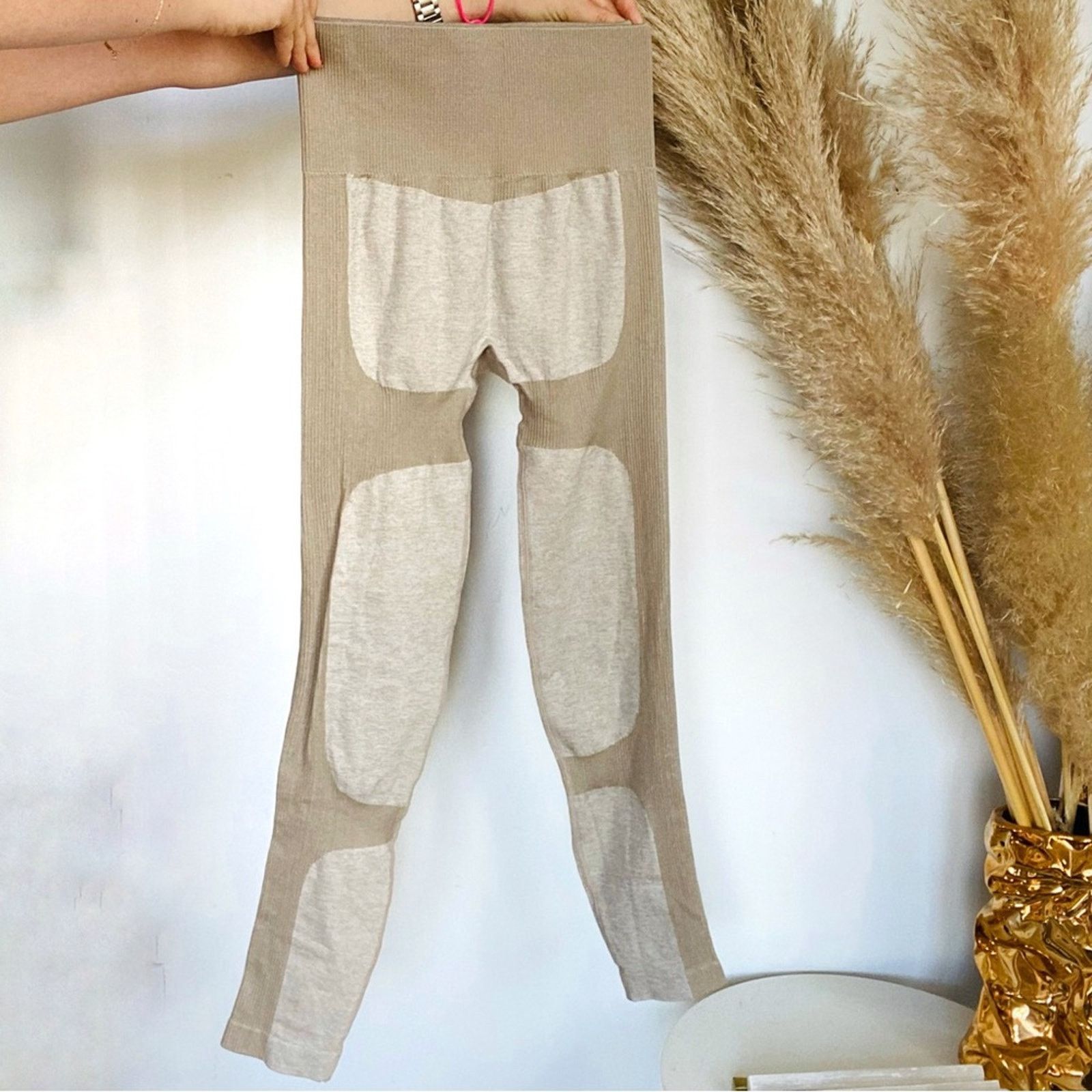 Nine One Seven NEW Tan Cream Beige Colorblock Stripe Ribbed Knit Leggings Size 30" / US 8 / IT 44 - 9 Thumbnail