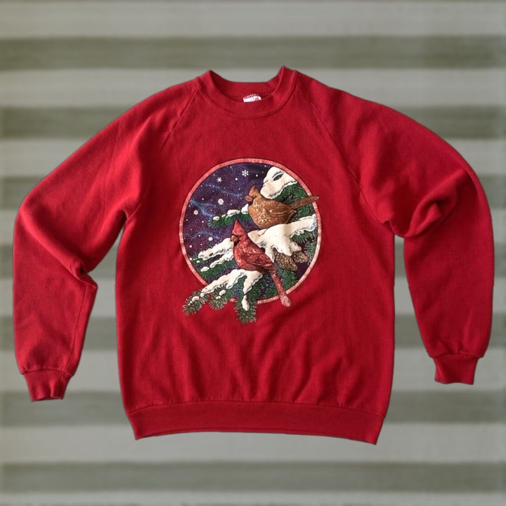 Jerzees JERZEES Women's Sweatshirt 90s 1990s Graphic Cardnial Birds MADE IN USA Sz L Red Cotton Blend Pullover Crew Neck Vintage Size L / US 10 / IT 46 - 1 Thumbnail