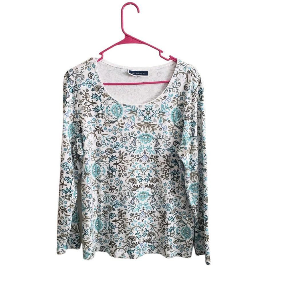 Designer CT676 Karen Scott Ladies Floral Cream & Green Top L Size L / US 10 / IT 46 - 1 Thumbnail