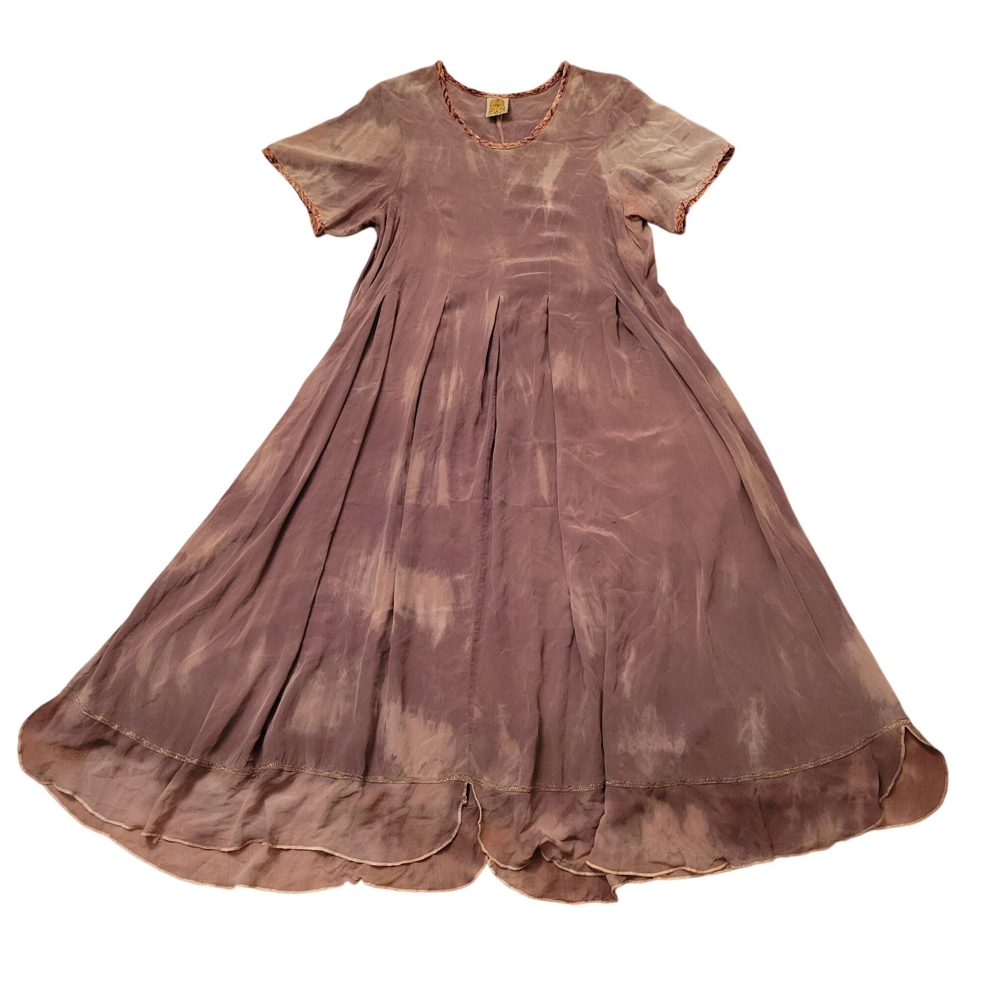 Uru URU Tie Dye 2 Brown Short Sleeve Silk Maxi Dress Braided Tri Size ONE SIZE - 2 Thumbnail