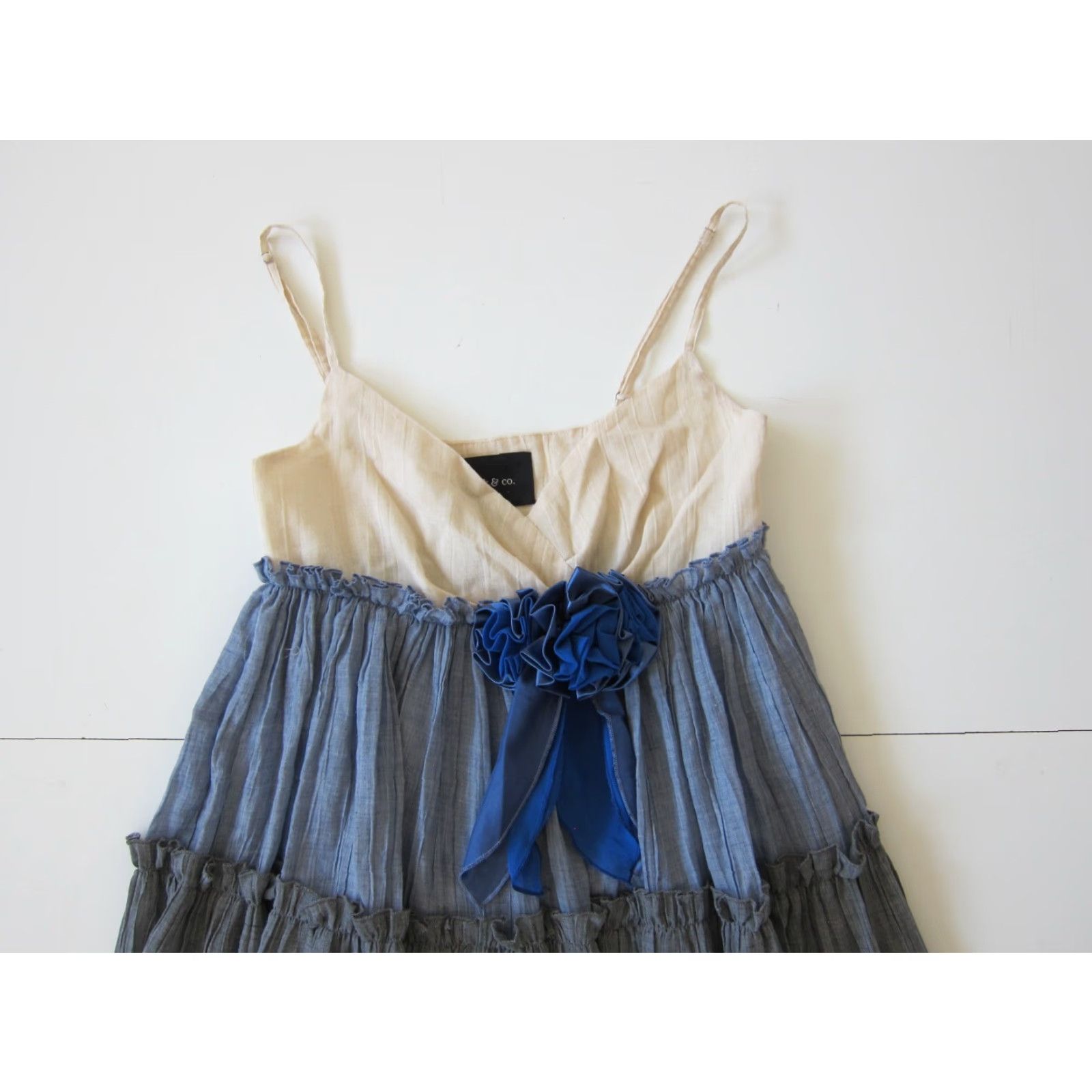 Vintage Ark & Co. Blue Ivory 100% Cotton Spaghetti Strap V-Neck Ruffle Sun Dress Small Womens Size S / US 4 / IT 40 - 3 Thumbnail