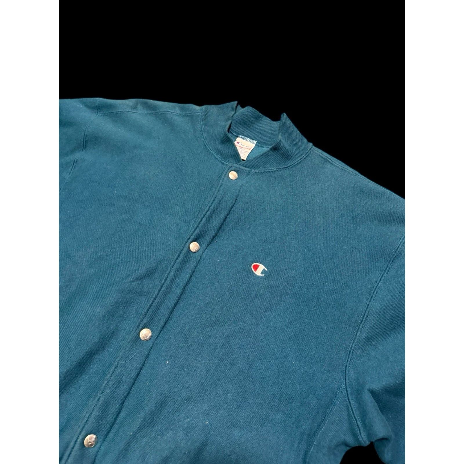 Champion VINTAGE Champion Reverse Weave Snap Front Cardigan Warm Up Jacket L/XL Teal 90s Mens Cardigan Snap Front Reversible Warm Up Jacket Size US L / EU 52-54 / 3 - 6 Thumbnail