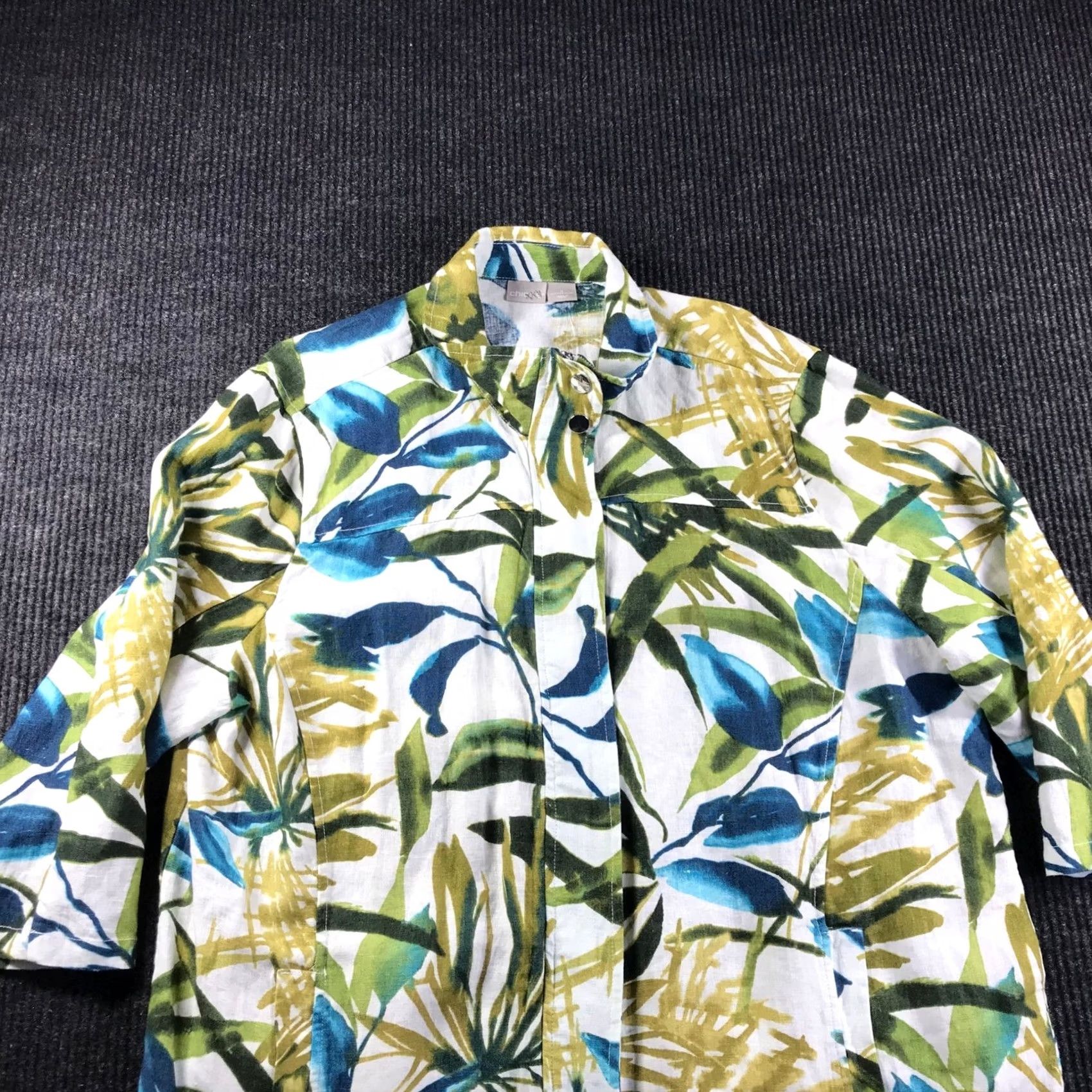 Vintage Chico's Chicos Tropical Leaf Print Linen Blend Jacket Green Blue White Sz 20W NWT Shorts Sleeve Floral Plus Size Womens Jacket Size 3XL / US 20-22 - 2 Thumbnail