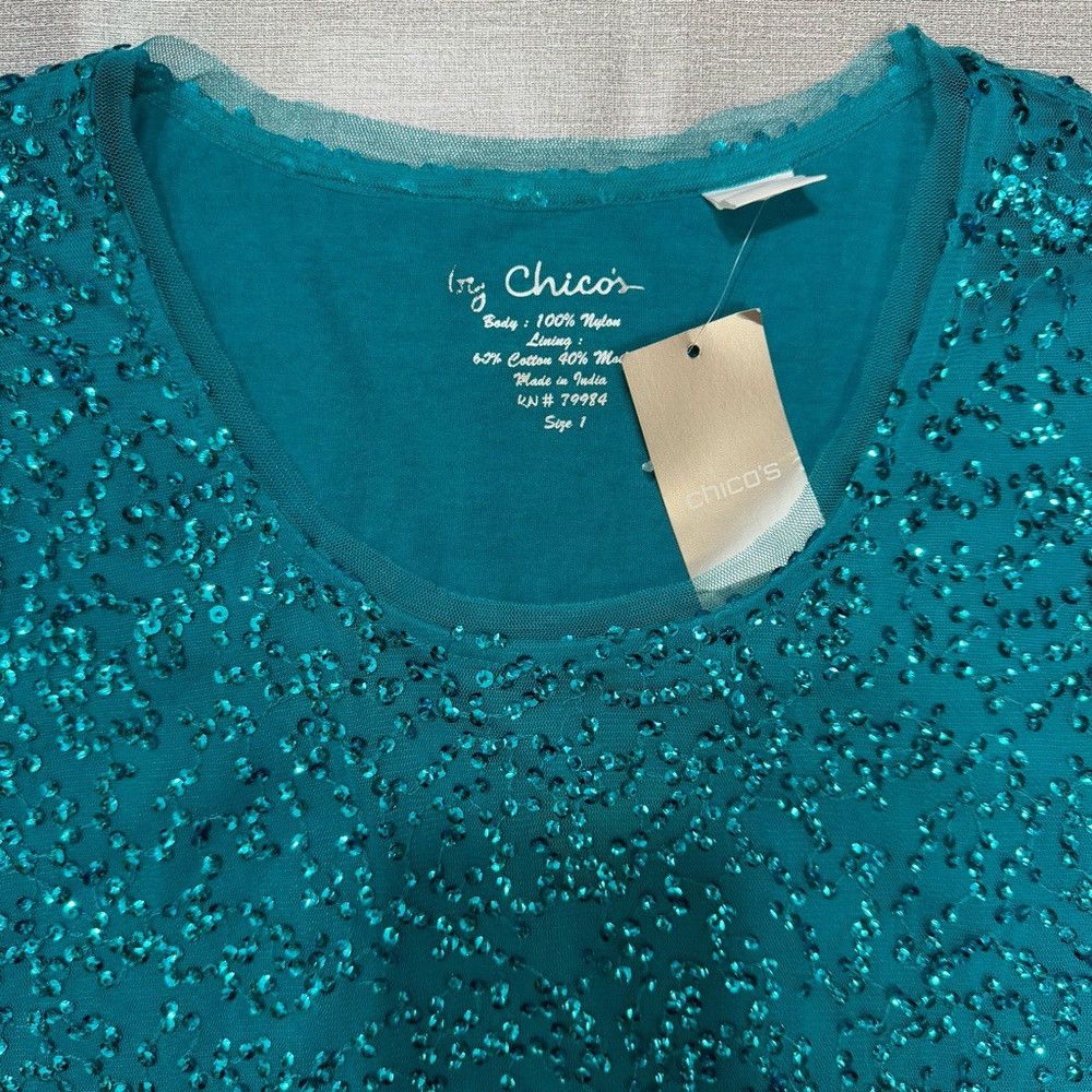 Chicos NWT New $79 Chico's Sasha Sequin Teal Tee Size 1 US M Size M / US 6-8 / IT 42-44 - 7 Thumbnail